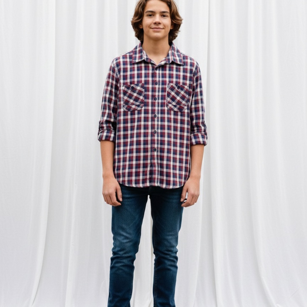 Cherokee-Burgundy Plaid Buttoned Down Casual or Formal Shirt (Size L)